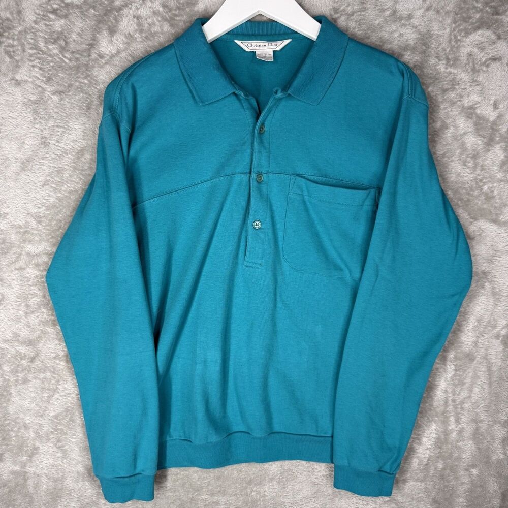 Vtg Christian Dior Sweatshirt Mens Medium Teal Loop Collared Pullover Pocket 90s